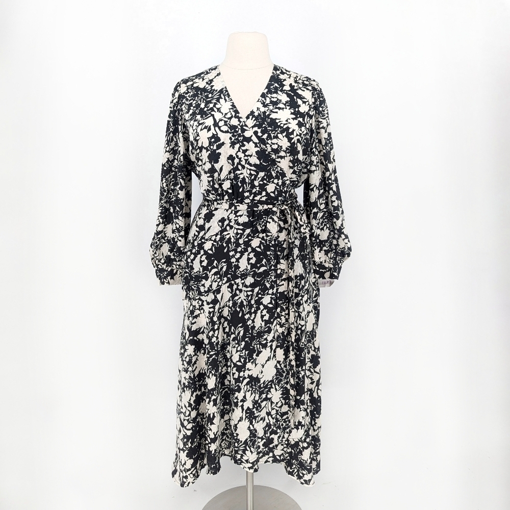 Susan Graver Floral Wrap Dress Black White 2XP preppy Business casual classic